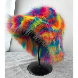 Multicolor Faux Fur Bucket Hat - Vibrant Rainbow Hat